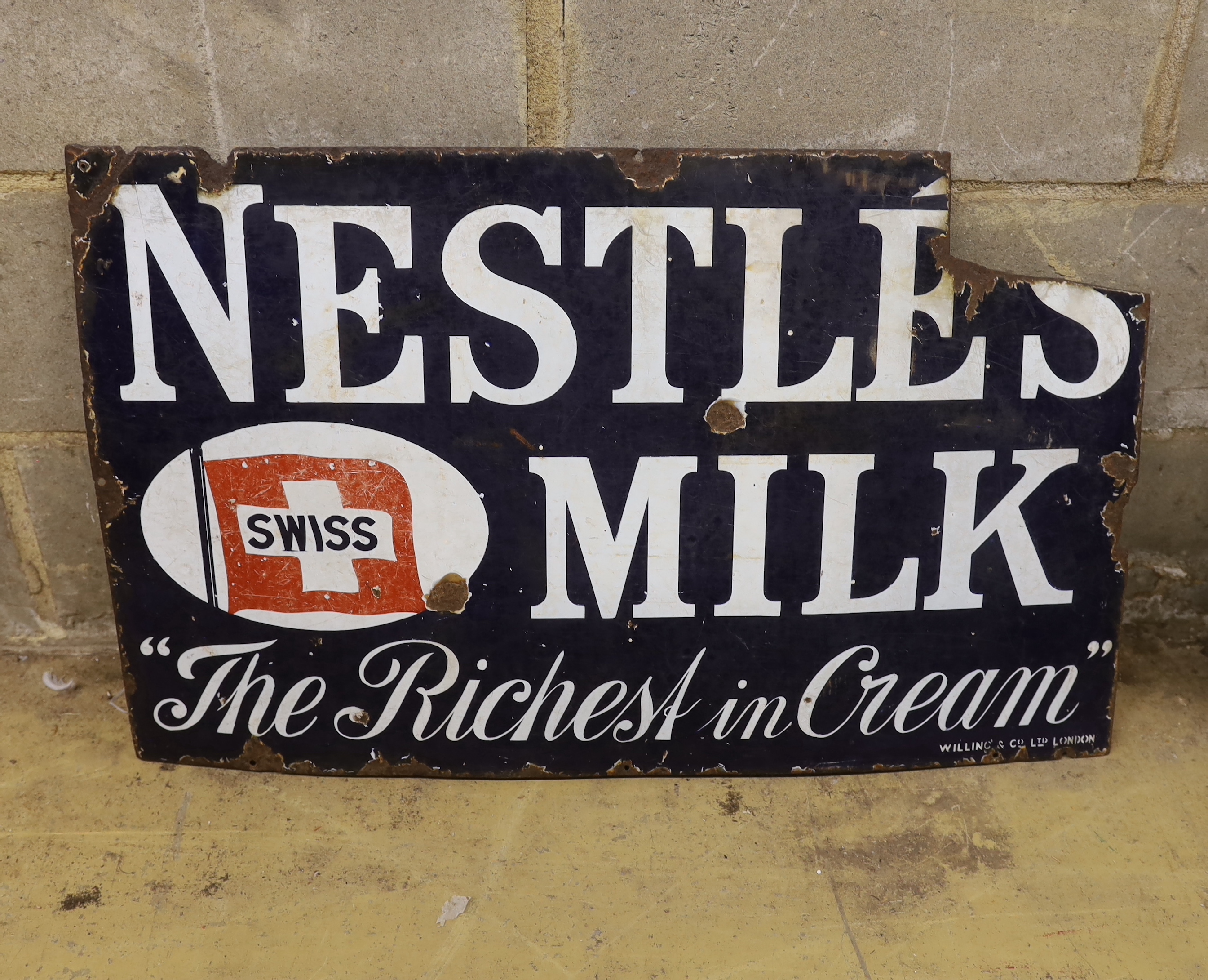 An original enamel advertising sign 'Nestles Milk, The Richest Cream' (a.f.), width 84cm, height 51cm